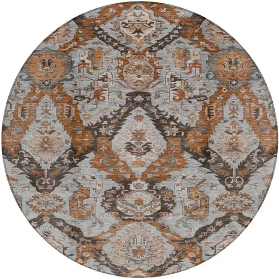 8' Rust And Gray Round Damask Washable Indoor Outdoor Area Rug Photo 1