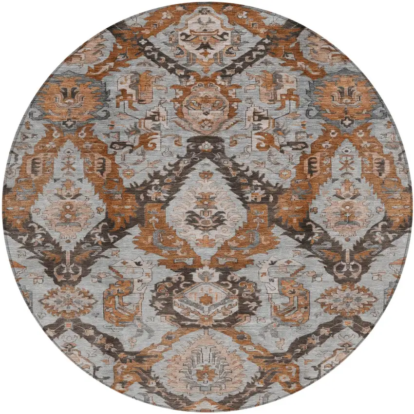 8' Rust And Gray Round Damask Washable Indoor Outdoor Area Rug Photo 1