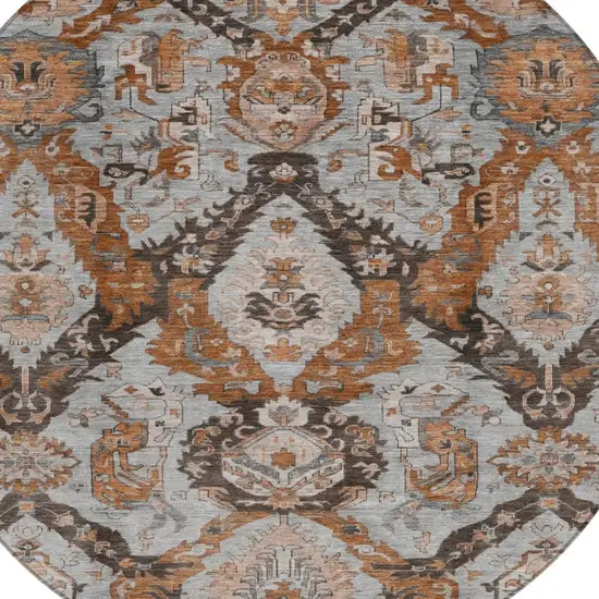 8' Rust And Gray Round Damask Washable Indoor Outdoor Area Rug Photo 8