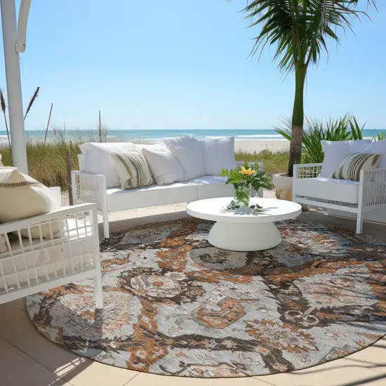 8' Rust And Gray Round Damask Washable Indoor Outdoor Area Rug Photo 5