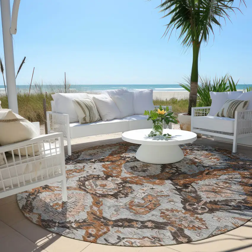 8' Rust And Gray Round Damask Washable Indoor Outdoor Area Rug Photo 5