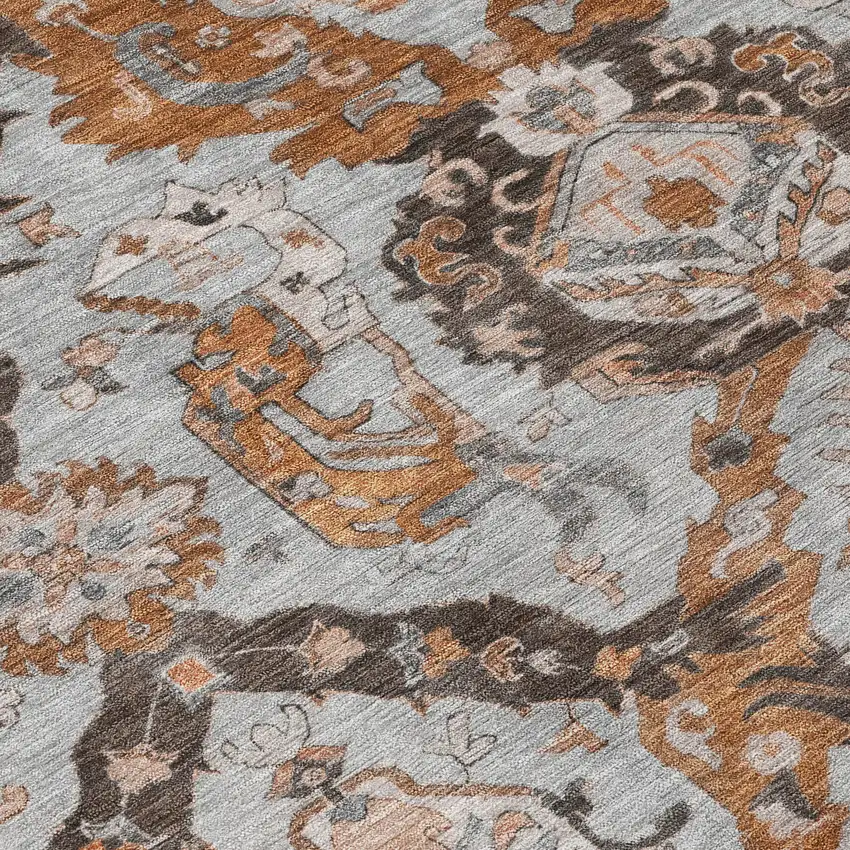 8' Rust And Gray Round Damask Washable Indoor Outdoor Area Rug Photo 9