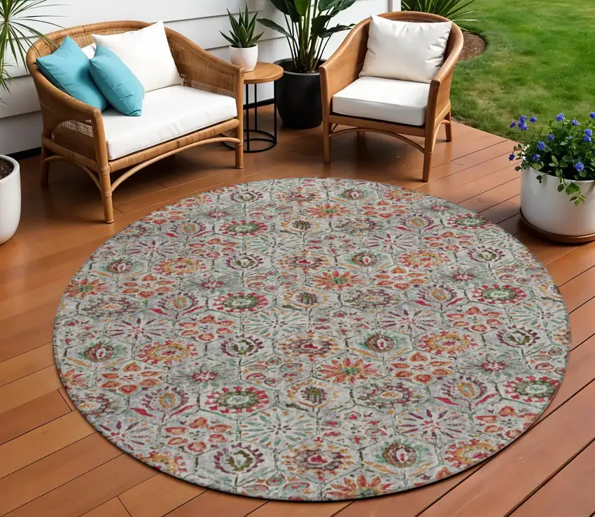8' Rust And Gray Round Floral Washable Indoor Outdoor Area Rug Photo 2