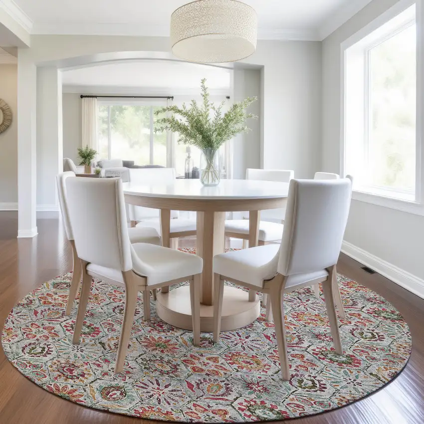 8' Rust And Gray Round Floral Washable Indoor Outdoor Area Rug Photo 6