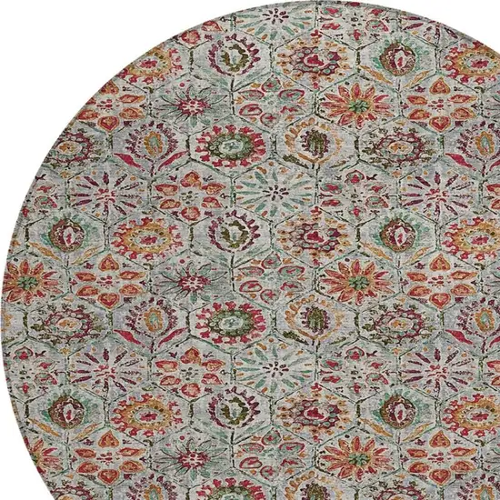 8' Rust And Gray Round Floral Washable Indoor Outdoor Area Rug Photo 4