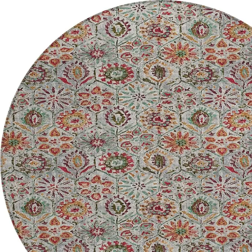 8' Rust And Gray Round Floral Washable Indoor Outdoor Area Rug Photo 4