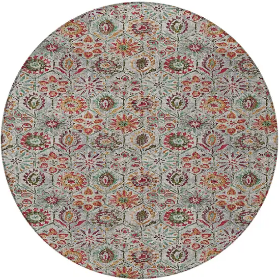 8' Rust And Gray Round Floral Washable Indoor Outdoor Area Rug Photo 3
