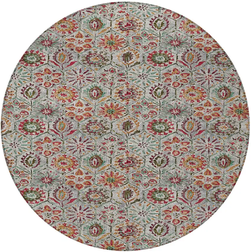 8' Rust And Gray Round Floral Washable Indoor Outdoor Area Rug Photo 3