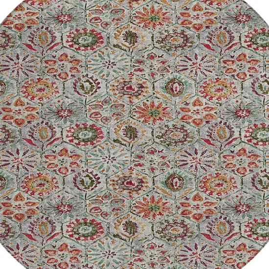 8' Rust And Gray Round Floral Washable Indoor Outdoor Area Rug Photo 9