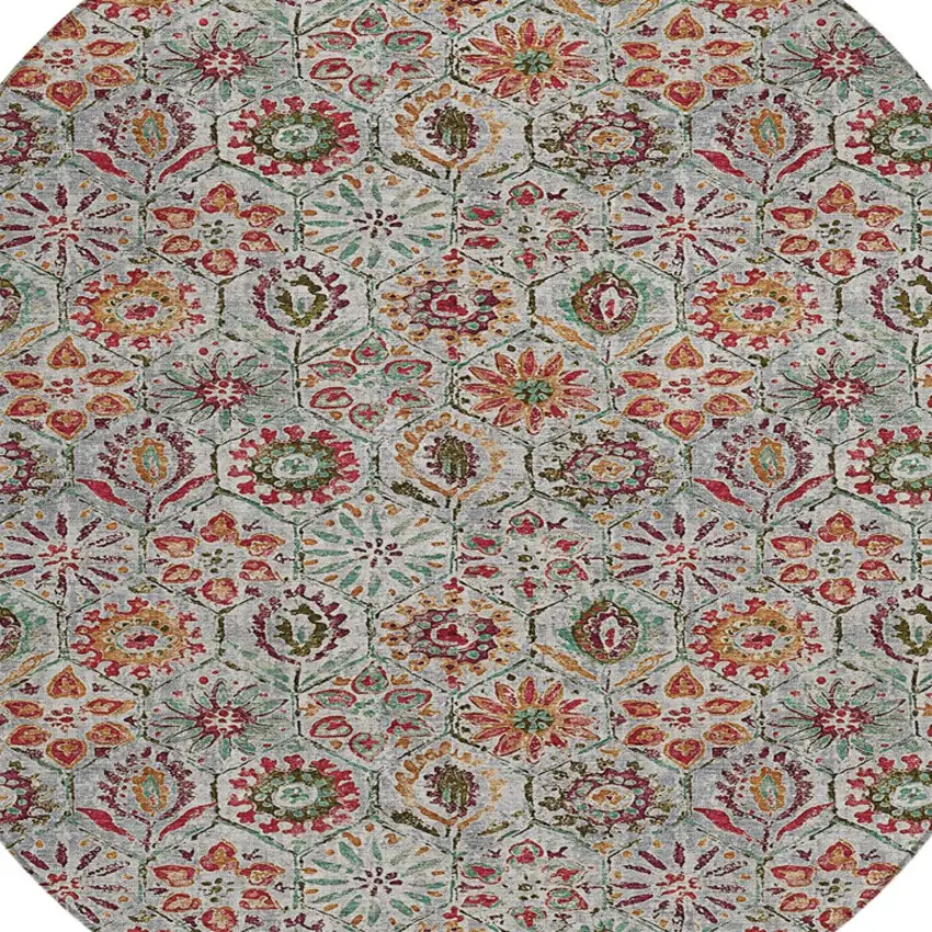 8' Rust And Gray Round Floral Washable Indoor Outdoor Area Rug Photo 9
