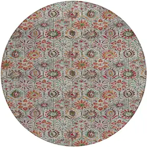 Photo of 8' Rust And Gray Round Floral Washable Indoor Outdoor Area Rug