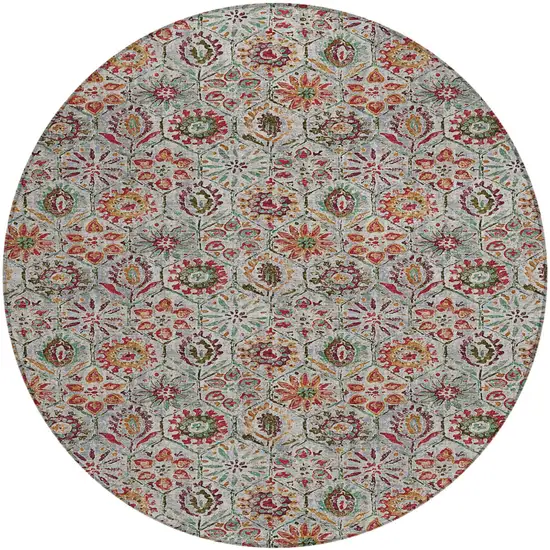 8' Rust And Gray Round Floral Washable Indoor Outdoor Area Rug Photo 1