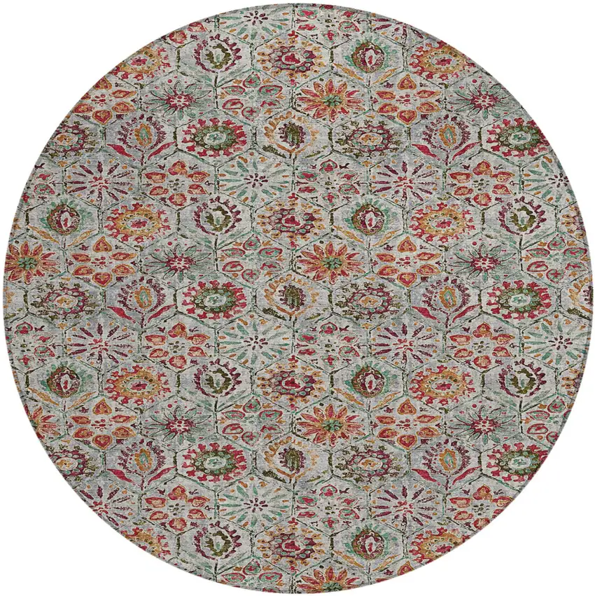 8' Rust And Gray Round Floral Washable Indoor Outdoor Area Rug Photo 1