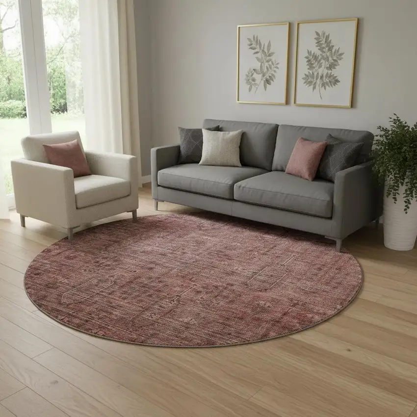 8' Rust And Gray Southwestern Washable Round Rug With UV Protection Photo 1