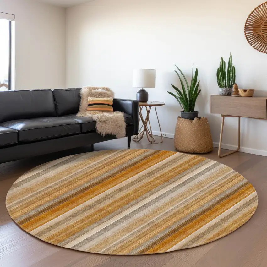 8' Rust And Gray Striped Washable Round Rug With UV Protection Photo 5