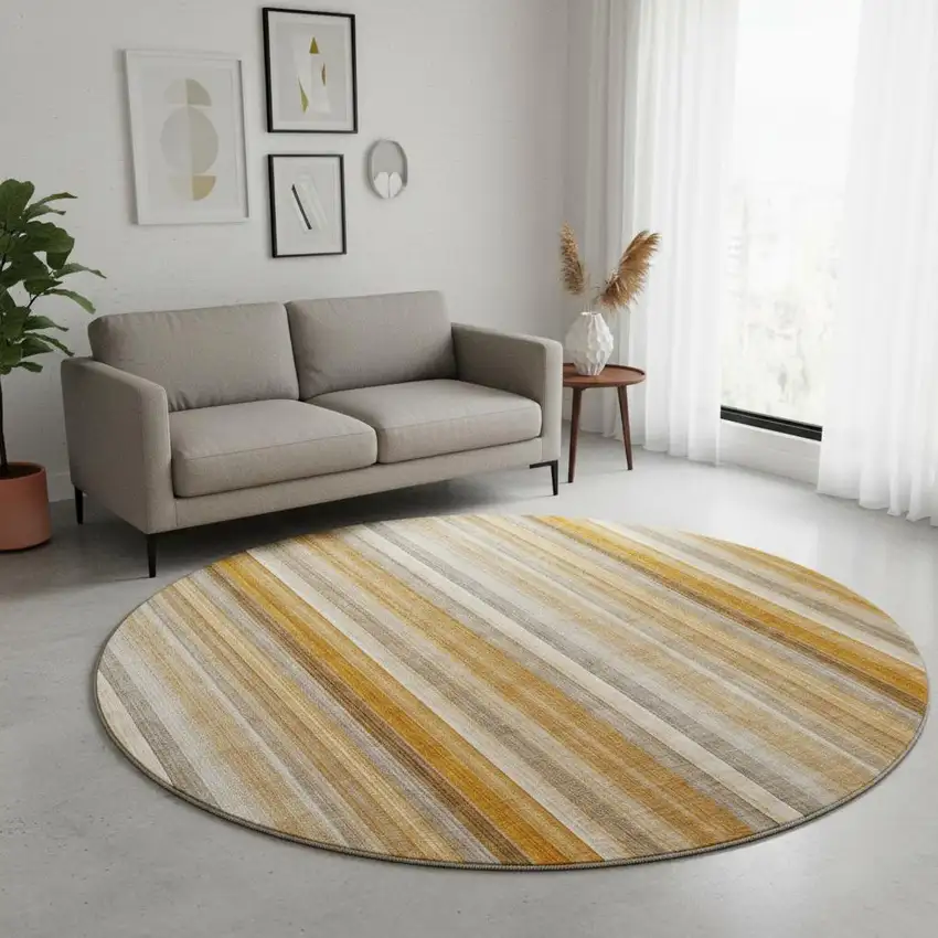 8' Rust And Gray Striped Washable Round Rug With UV Protection Photo 2