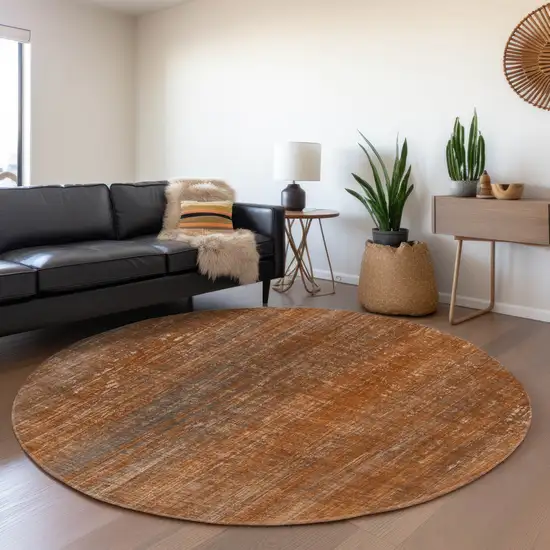 8' Rust And Gray Striped Washable Round Rug With UV Protection Photo 5