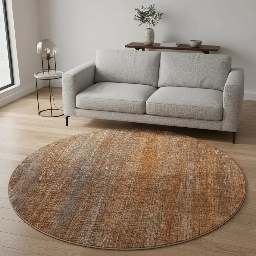 8' Rust And Gray Striped Washable Round Rug With UV Protection Photo 2