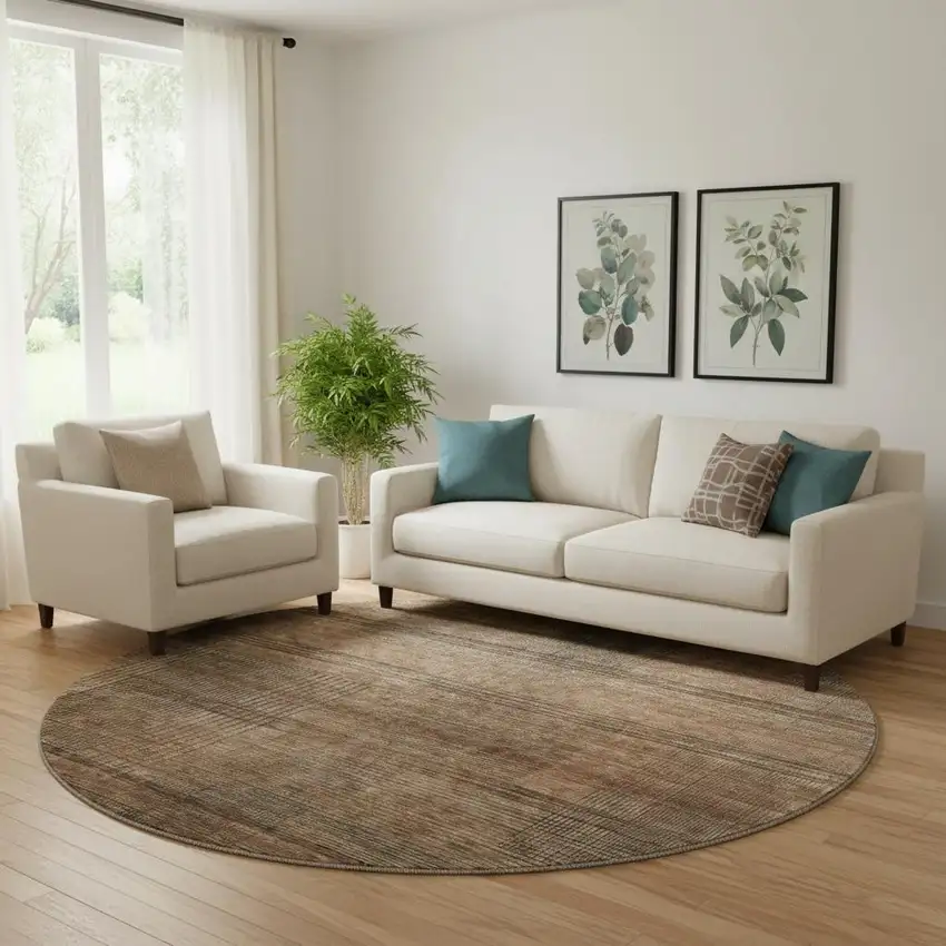 8' Rust And Gray Striped Washable Round Rug With UV Protection Photo 1