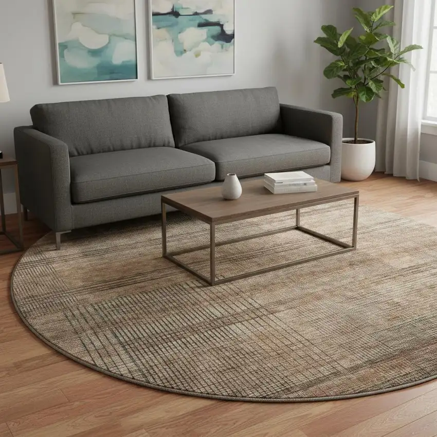 8' Rust And Gray Striped Washable Round Rug With UV Protection Photo 2