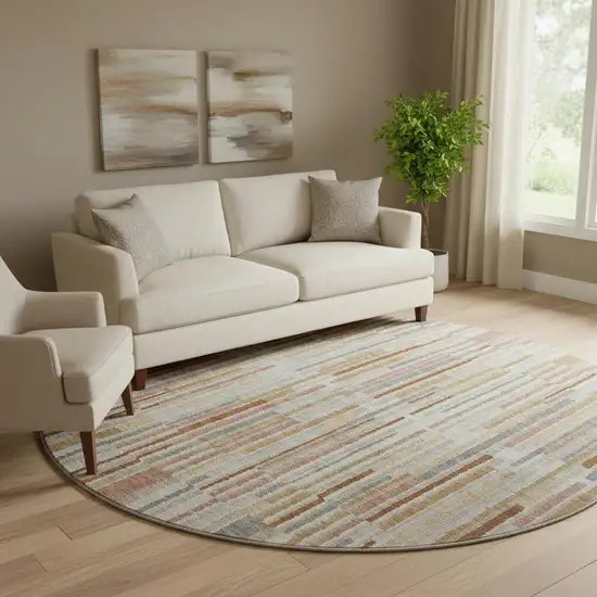 8' Rust And Gray Striped Washable Round Rug With UV Protection Photo 2