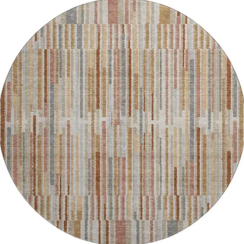 8' Rust And Gray Striped Washable Round Rug With UV Protection Photo 3