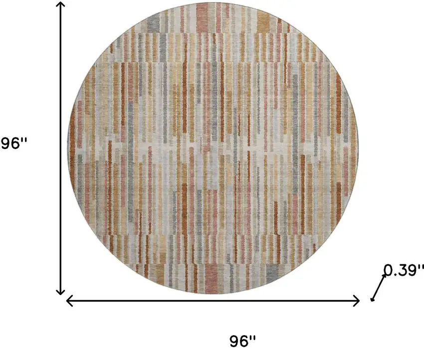 8' Rust And Gray Striped Washable Round Rug With UV Protection Photo 7