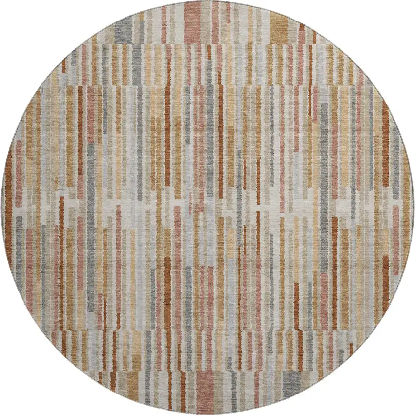 8' Rust And Gray Striped Washable Round Rug With UV Protection Photo 1
