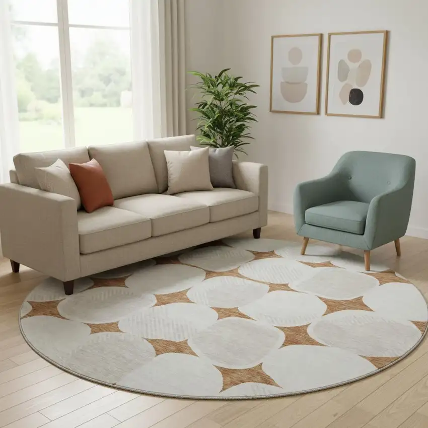 8' Rust And Ivory Abstract Geometric Washable Round Rug With UV Protection Photo 1