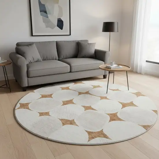 8' Rust And Ivory Abstract Geometric Washable Round Rug With UV Protection Photo 2
