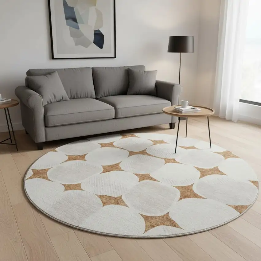 8' Rust And Ivory Abstract Geometric Washable Round Rug With UV Protection Photo 2