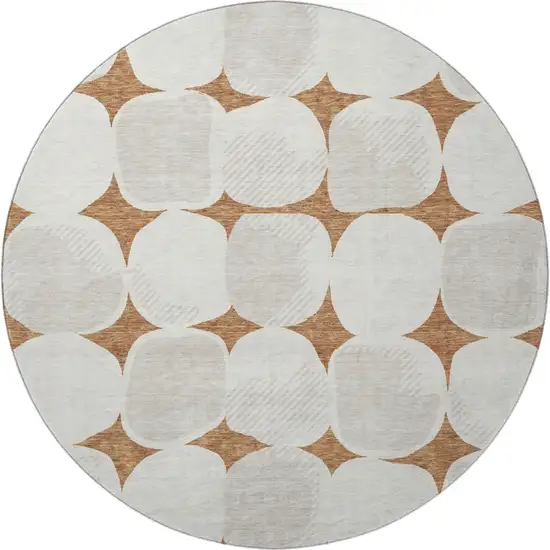 8' Rust And Ivory Abstract Geometric Washable Round Rug With UV Protection Photo 4