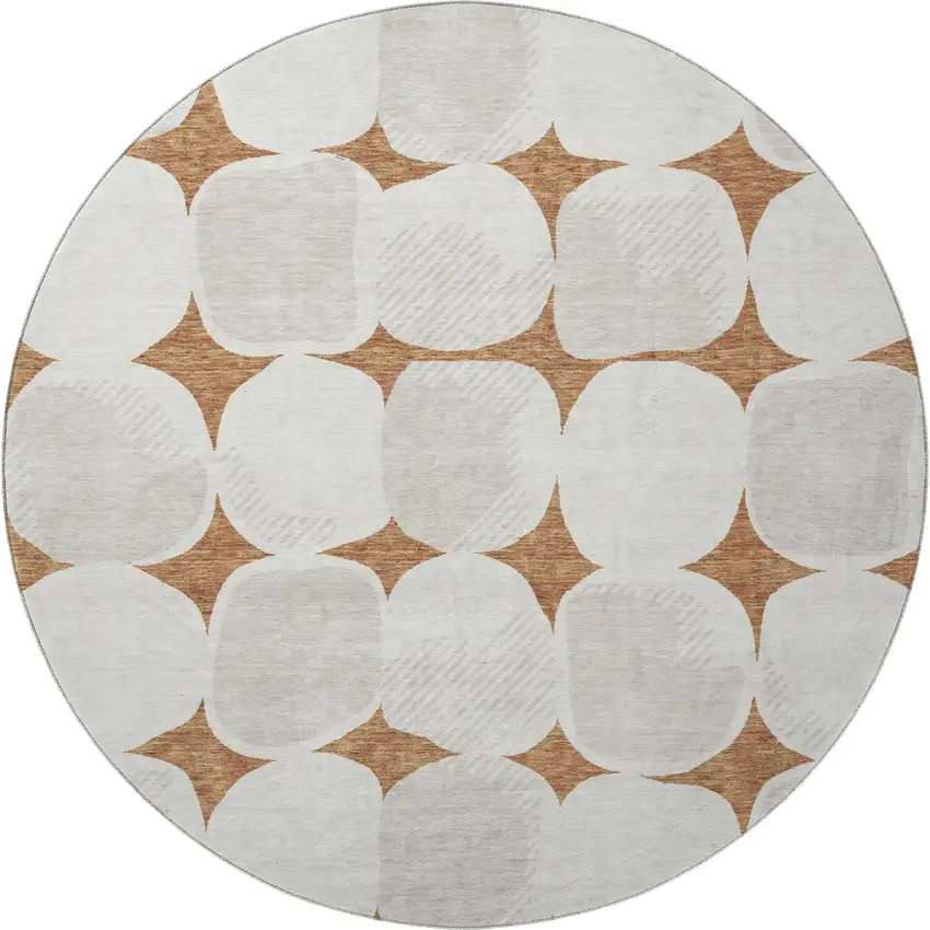 8' Rust And Ivory Abstract Geometric Washable Round Rug With UV Protection Photo 4