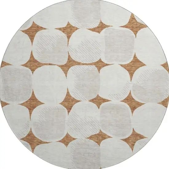 8' Rust And Ivory Abstract Geometric Washable Round Rug With UV Protection Photo 3