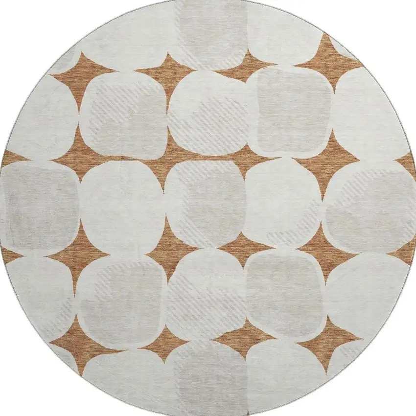 8' Rust And Ivory Abstract Geometric Washable Round Rug With UV Protection Photo 3