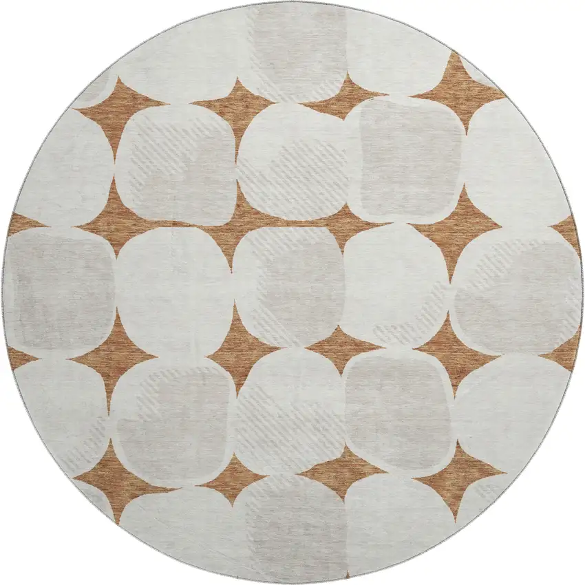 8' Rust And Ivory Abstract Geometric Washable Round Rug With UV Protection Photo 1
