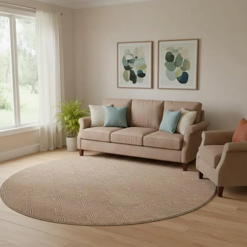 8' Rust And Ivory Abstract Geometric Washable Round Rug With UV Protection Photo 1