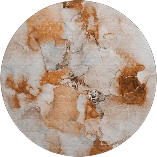 8' Rust And Ivory Abstract Washable Round Rug With UV Protection Photo 1