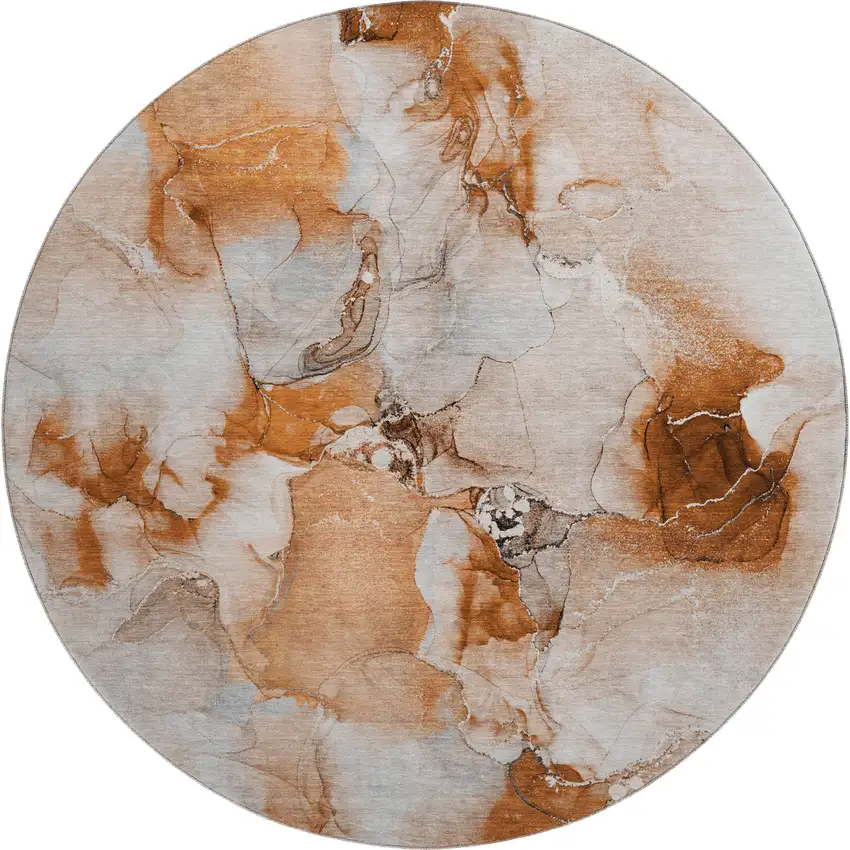 8' Rust And Ivory Abstract Washable Round Rug With UV Protection Photo 1