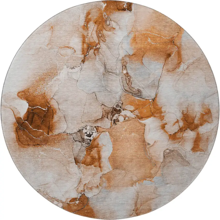 8' Rust And Ivory Abstract Washable Round Rug With UV Protection Photo 4