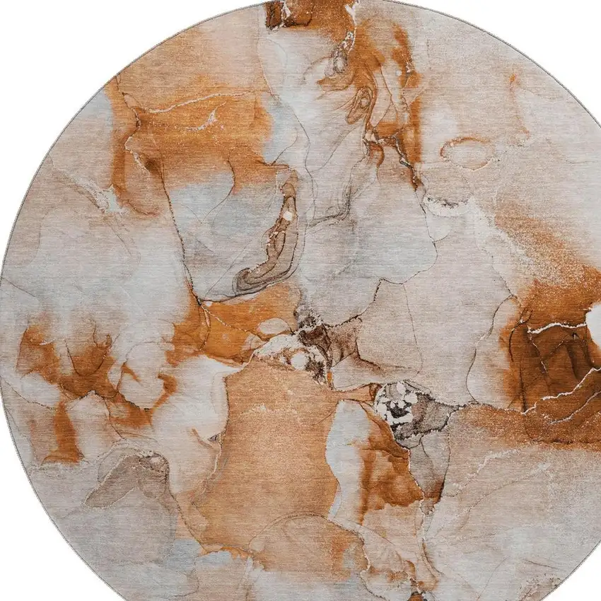 8' Rust And Ivory Abstract Washable Round Rug With UV Protection Photo 3