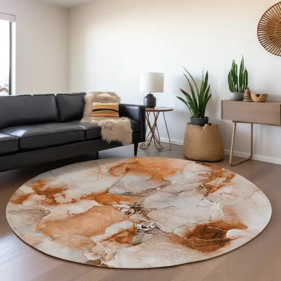 8' Rust And Ivory Abstract Washable Round Rug With UV Protection Photo 5