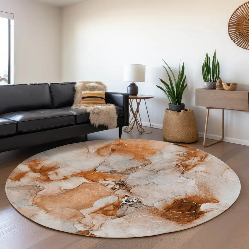 8' Rust And Ivory Abstract Washable Round Rug With UV Protection Photo 5