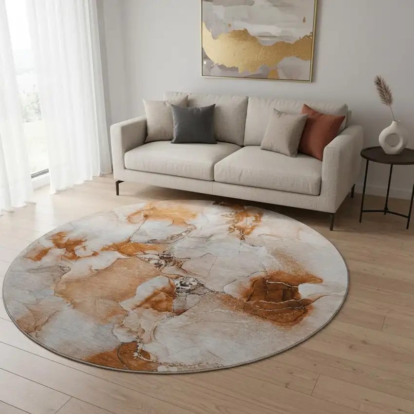 8' Rust And Ivory Abstract Washable Round Rug With UV Protection Photo 2