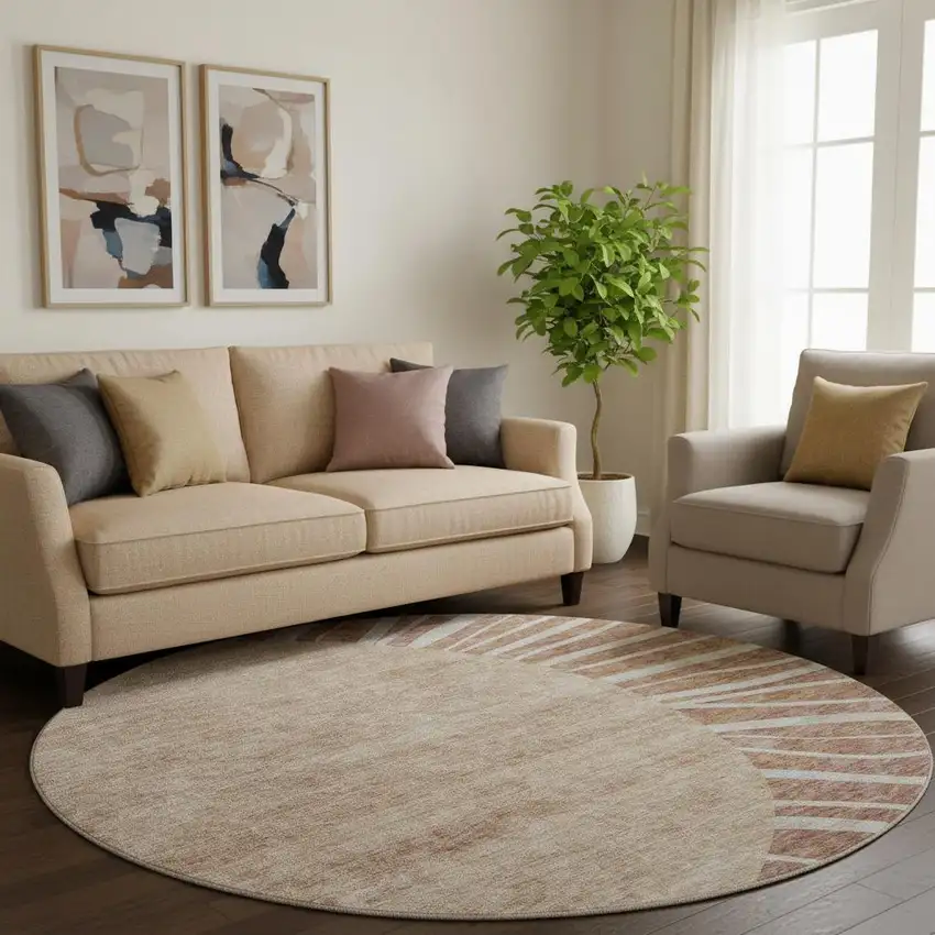 8' Rust And Ivory Abstract Washable Round Rug With UV Protection Photo 1