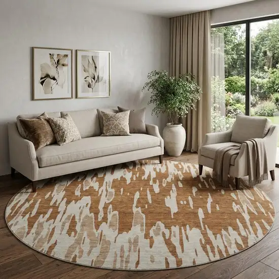 8' Rust And Ivory Abstract Washable Round Rug With UV Protection Photo 1