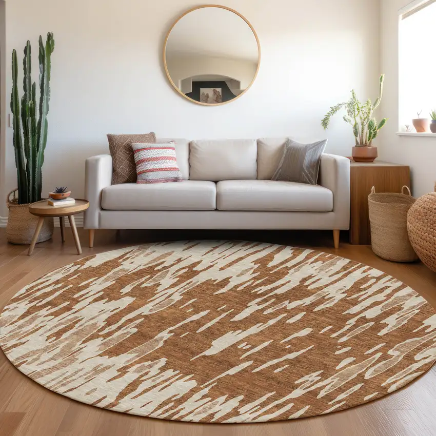 8' Rust And Ivory Abstract Washable Round Rug With UV Protection Photo 4