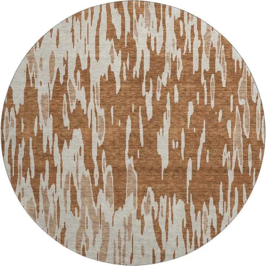 8' Rust And Ivory Abstract Washable Round Rug With UV Protection Photo 1