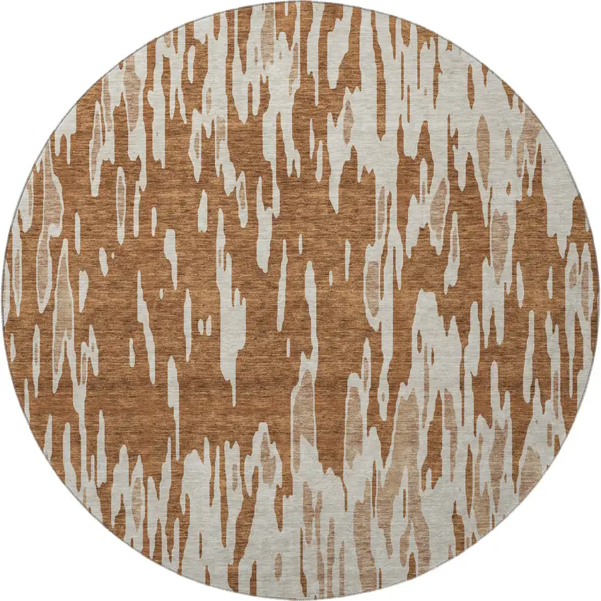 8' Rust And Ivory Abstract Washable Round Rug With UV Protection Photo 3