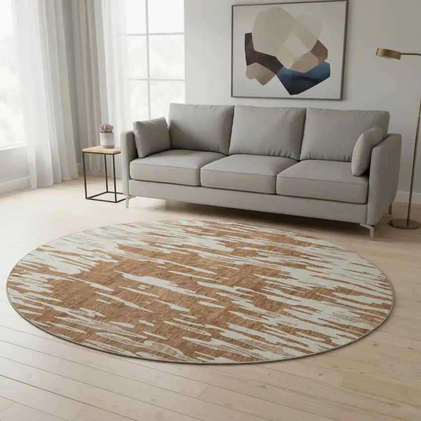 8' Rust And Ivory Abstract Washable Round Rug With UV Protection Photo 2